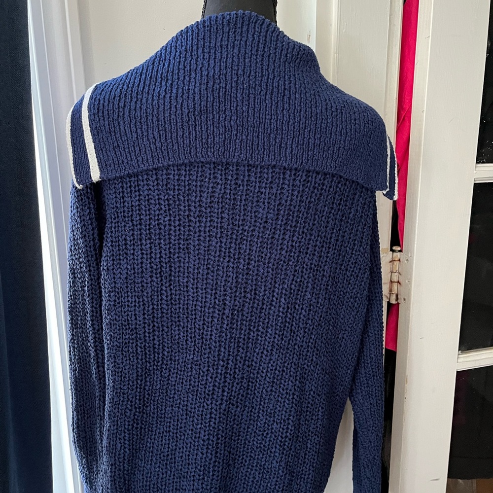 Navy Blue Knit Sweater with White Trim - Picture 10 of 11